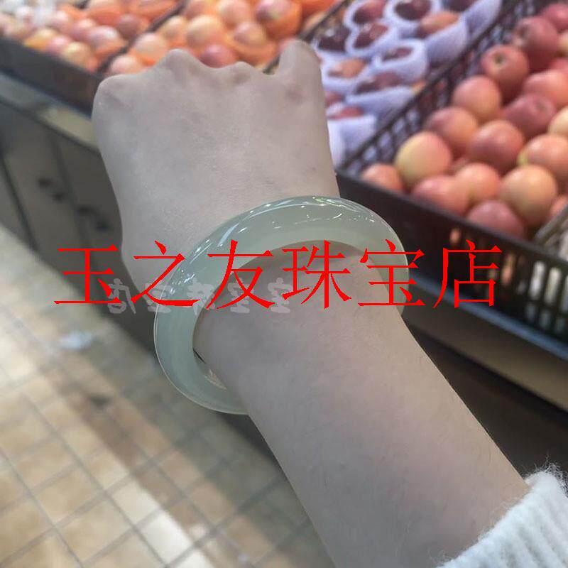 新疆和田玉冰透玉石手镯圆条青白玉手镯宽版晴水玛瑙镯百搭国风款