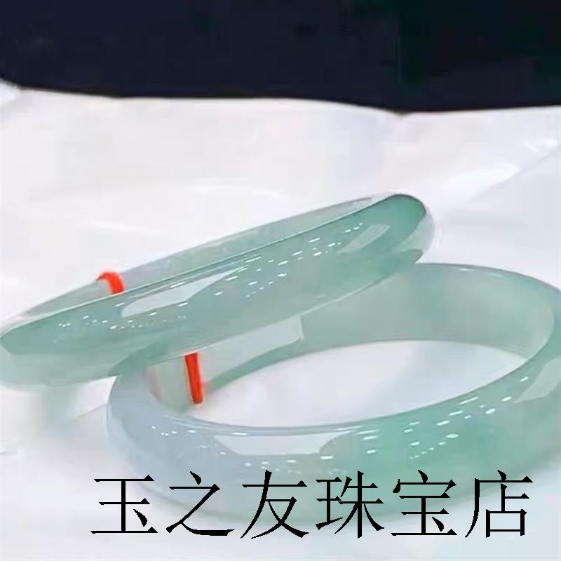 老坑翡翠手镯女款冰种扁条玉镯子正阳绿飘绿处理半山半水玉石手镯