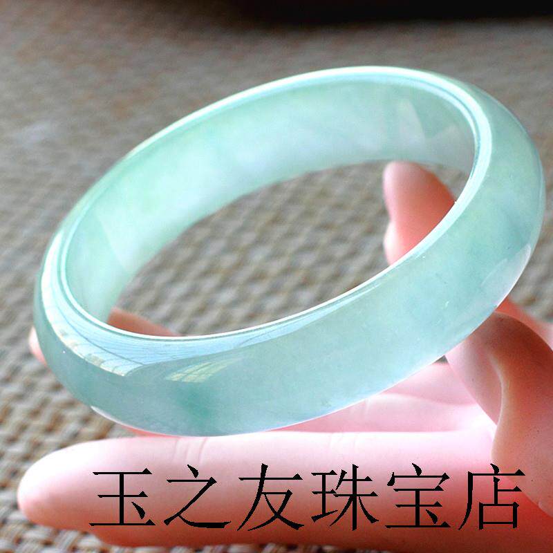 缅甸高端冰种翡翠色手镯圆条飘绿玉镯子玻璃种正圈冰种单色玉手镯