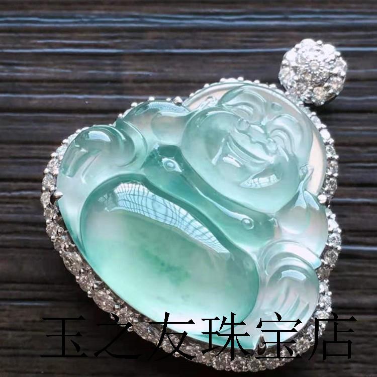 精品缅甸老坑翡翠色冰种玉笑佛观音挂件阳绿飘花镶嵌百搭玉佛吊坠