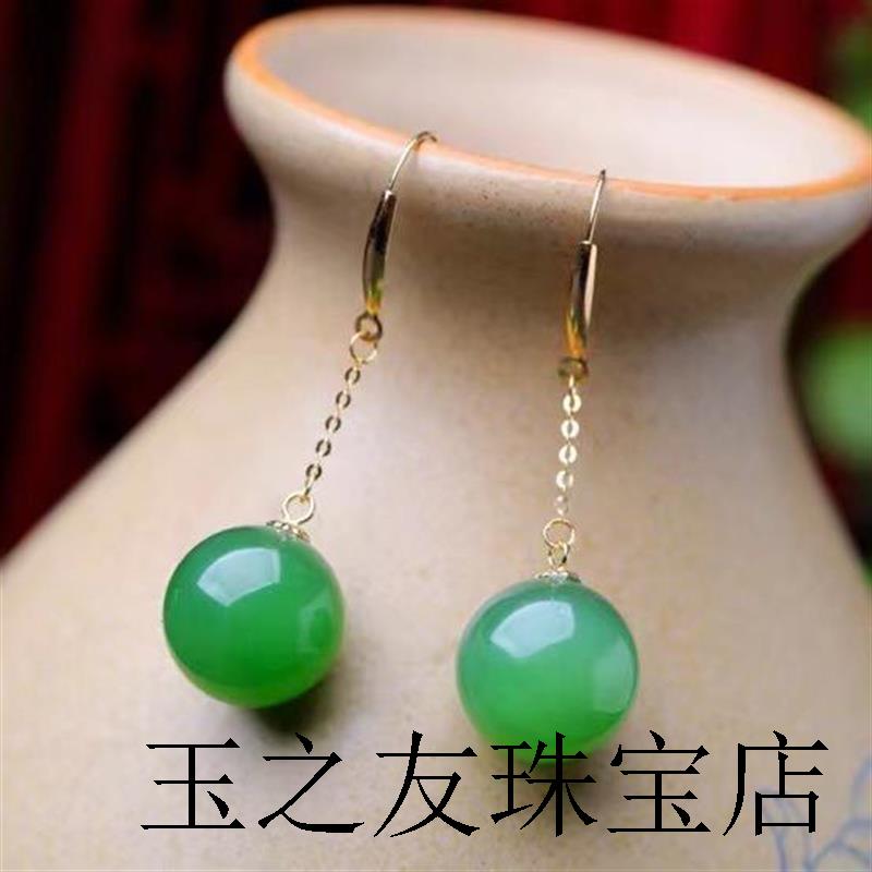 俄罗斯老矿碧玉圆珠耳钩耳环女菠菜阳绿包金中长版耳坠时尚送礼