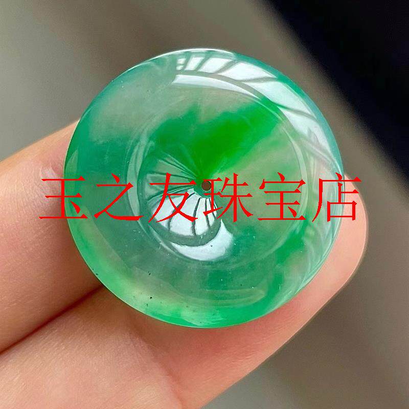缅甸老坑冰种飘花翡翠色平安扣玉石挂件阳绿玉坠子平安护身符挂件