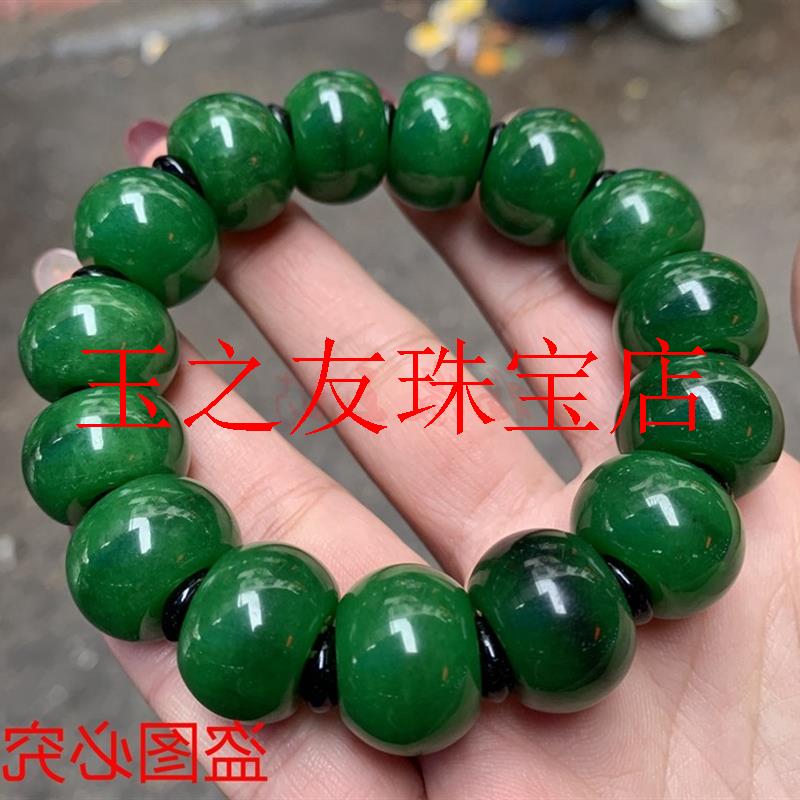 缅甸老坑祖母绿翡翠色干青算盘珠手链男女款满绿铁龙生新中式手串