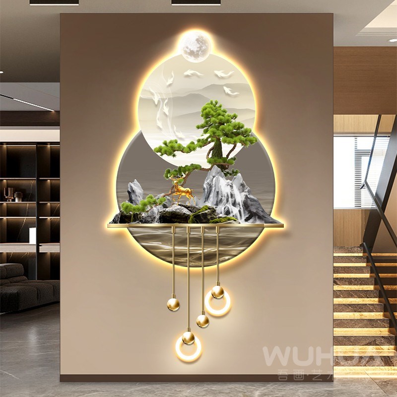 迎客松新中式玄关装饰画九鱼v图走廊过道挂画客厅山水画立体壁灯图片