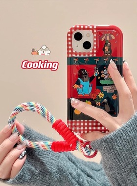 红色格纹卡通鼹鼠适用三星s23fe手机壳note10+日韩s22ultra手提挂绳a05女a20s新款a22防摔a32/a54保护套a71