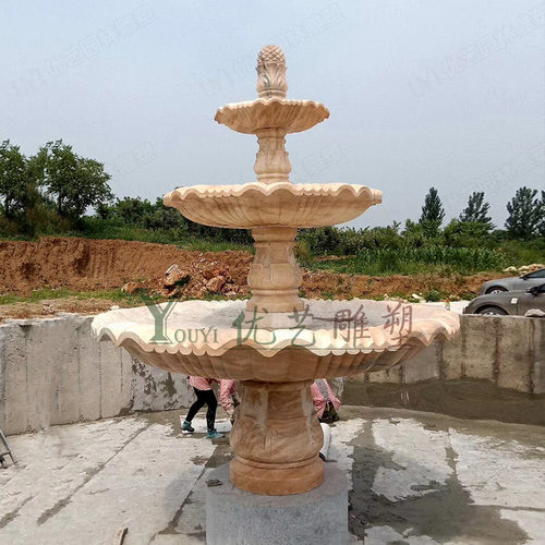 工厂现货晚霞红石材雕刻户外流水水钵大理石户外流水三层石雕喷泉