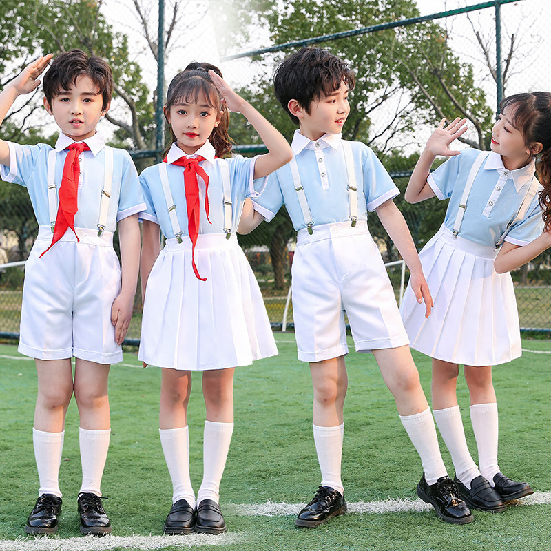 六一儿童合唱演出服中小学生毕业照学院风短袖背带裤朗诵班服套装