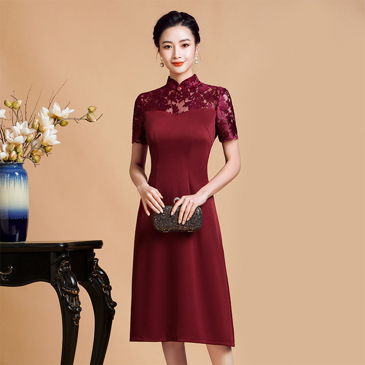 日本品质喜婆婆婚宴礼服蕾丝酒红拼接高贵洋气妈妈婚礼连衣裙夏装