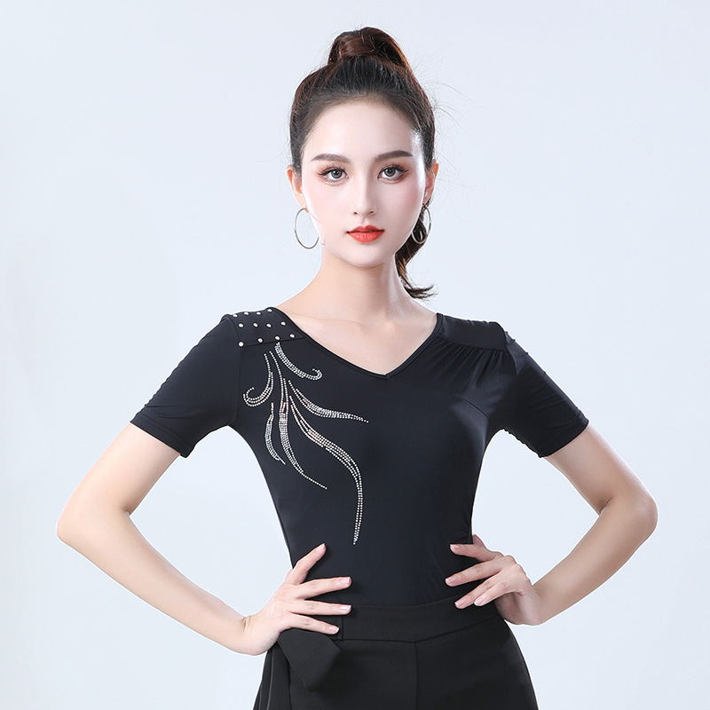 日本无印MUJIE摩登舞服装烫钻短袖上装女舞蹈国标舞练功服拉丁舞