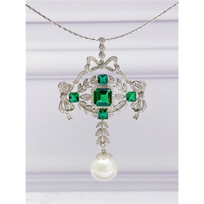 设计师珠宝 高级感欧美宫廷风祖母绿珍珠吊坠 爱德华珠宝风格