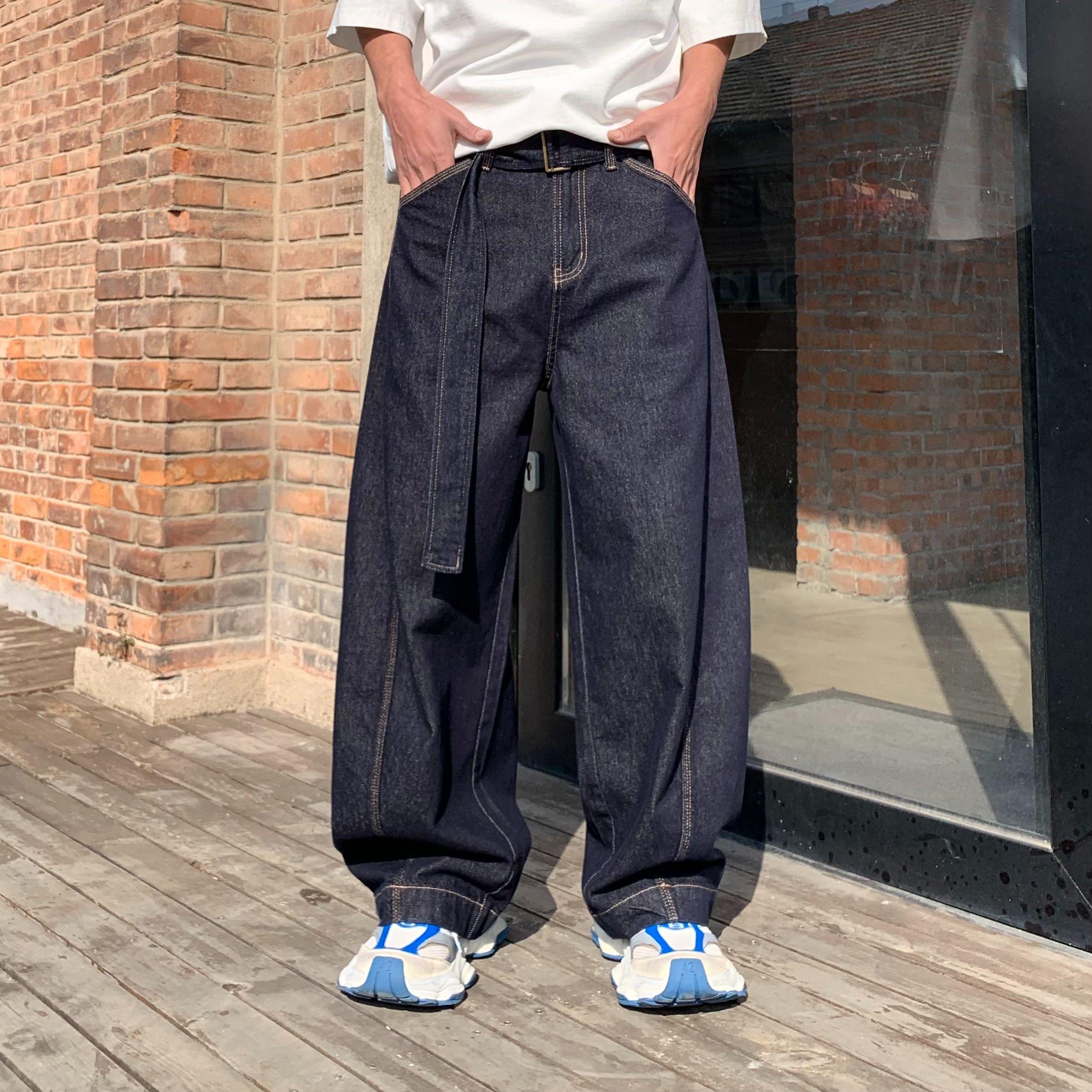 牛仔裤脚小心机细节的做旧斜割弯刀男款自制香蕉裤cleanfit长裤子