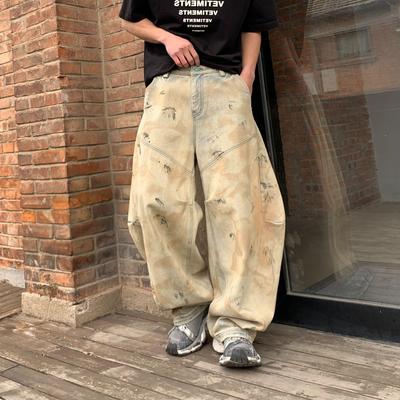 欧美式重工脏洗阔腿牛仔裤