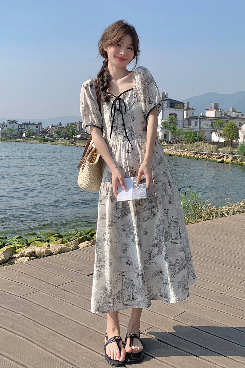 新中式水墨画印花连衣裙女2025夏季新款气质优雅泡泡袖国风长裙子,女装连衣裙,浙宝007A（原150A)