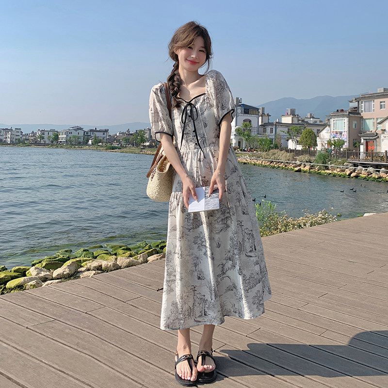 新中式水墨画印花连衣裙女2025夏季新款气质优雅泡泡袖国风长裙子,女装连衣裙,浙宝007A（原150A)