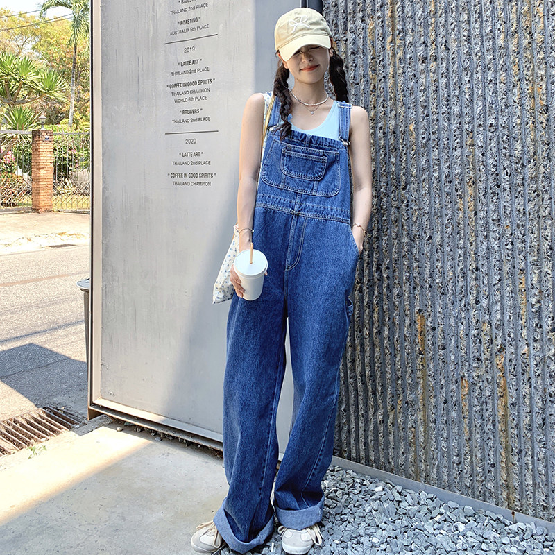 时髦洋气复古牛仔背带裤女夏季2025新款休闲慵懒风高个子阔腿长裤,女装牛仔裤,浙宝007A（原150A)