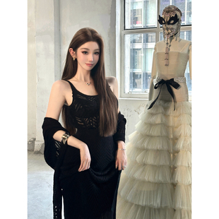 半身裙 吊带 chicbyrr 美人鱼两色三件套镂空针织毛衣披肩