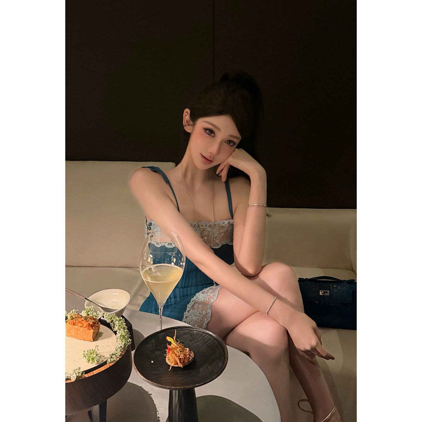 chicbyrr/Ch1oe粉色孔雀蓝两色定染连衣裙复古印花蕾丝连衣裙