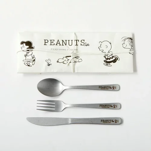 日本代购史努比Peanuts Cafe复古做旧不锈钢餐具刀子刀叉3件套