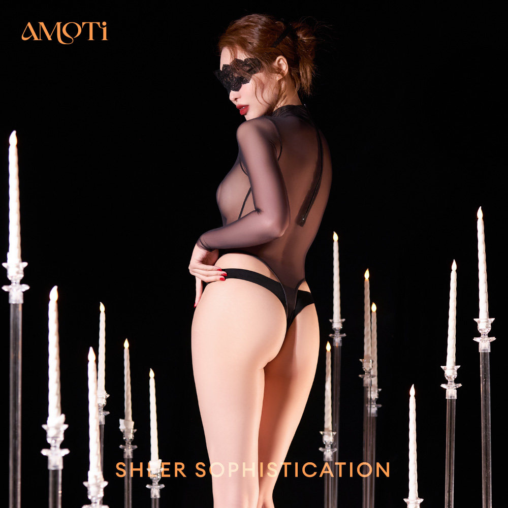 AMOTi 缇 心灵感触 -恬[纱]网纱超薄透气紧身长袖高叉丁字连体衣