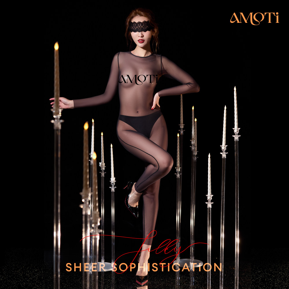 AMOTi 缇 心灵感触 -典[纱]网纱透视连体开裆薄透诱惑长袖连体衣