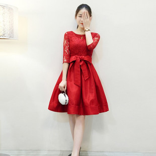 礼服a字蓬蓬裙 优雅显瘦中长款 蕾丝小个子连衣裙2021年夏新款 女装