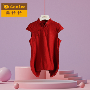 短袖女童红色旗袍裙子丝绸缎2025夏季新款儿童公主新中式唐装礼服