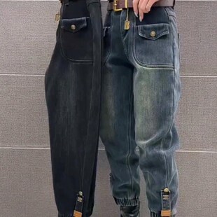 女宽松大码 加绒牛仔裤 哈伦裤 加厚保暖萝卜裤 女 冬季 休闲老爹裤 新款