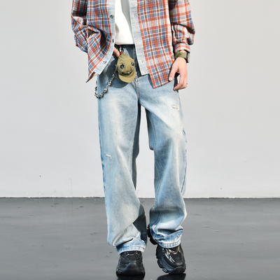 街头氛围感高级感渐变做旧牛仔裤