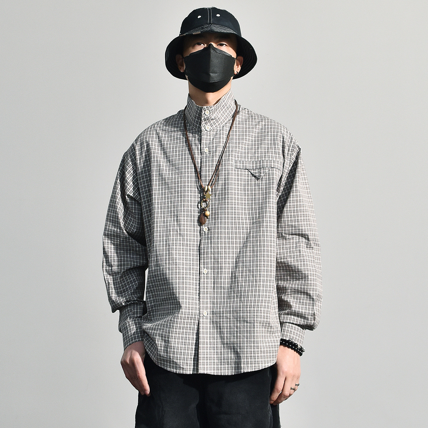日系复古小众设计感立领廓形复古灰色格子衬衫长袖廓形衬衣男生潮