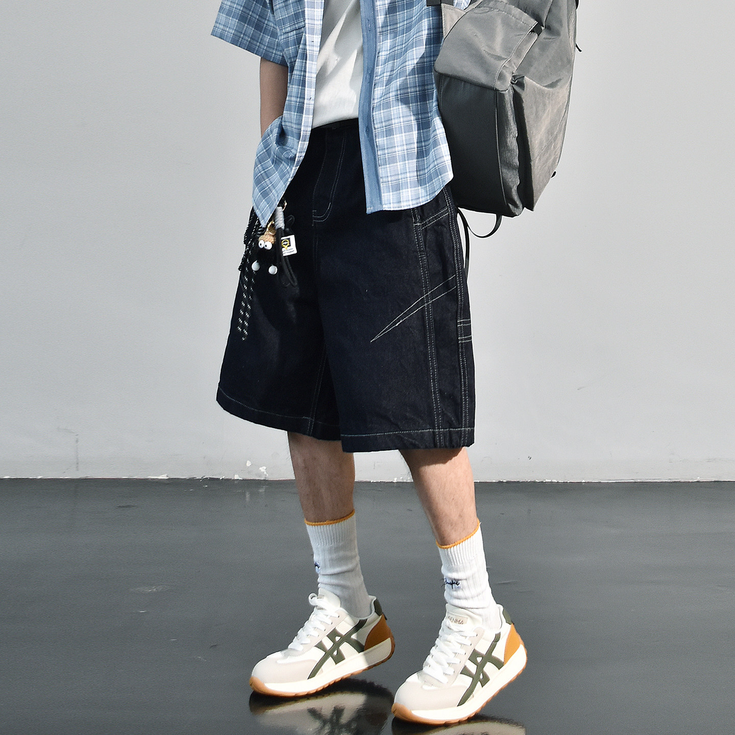 深蓝色宽松直筒牛仔五分裤小众设计感撞色明线工装短裤男夏季中裤