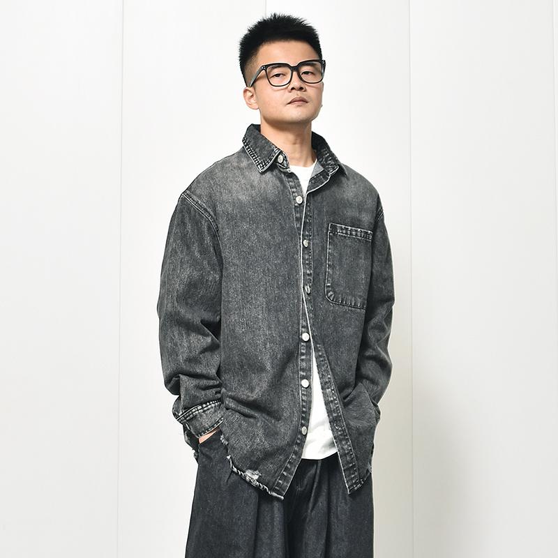美式高街脏洗做旧工装牛仔衬衫长袖设计感破洞流苏重磅衬衣外套男