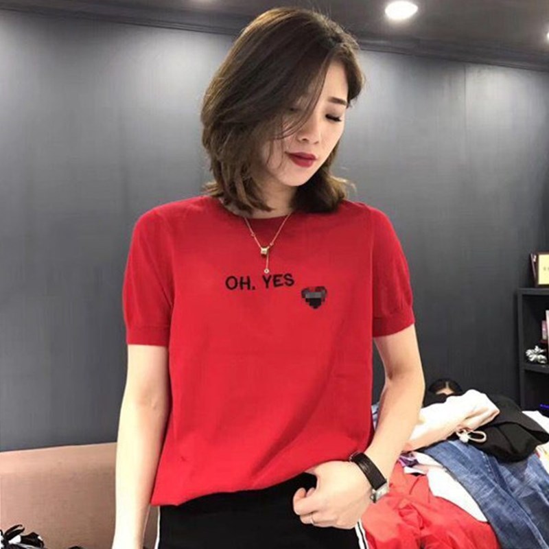 大码女装胖mm冰丝针织薄款红色本命年短袖t恤爱心刺X绣字母上衣夏