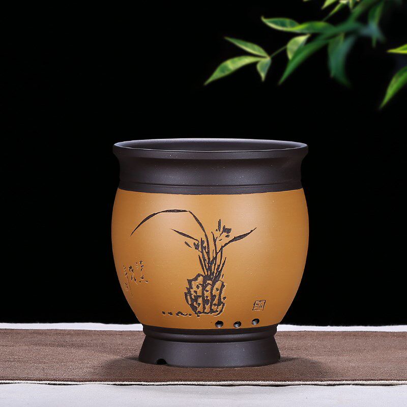 宜兴紫砂花盆精i品花盆兰花盆桌面绿植古典陶瓷花盆手工刻绘圆形