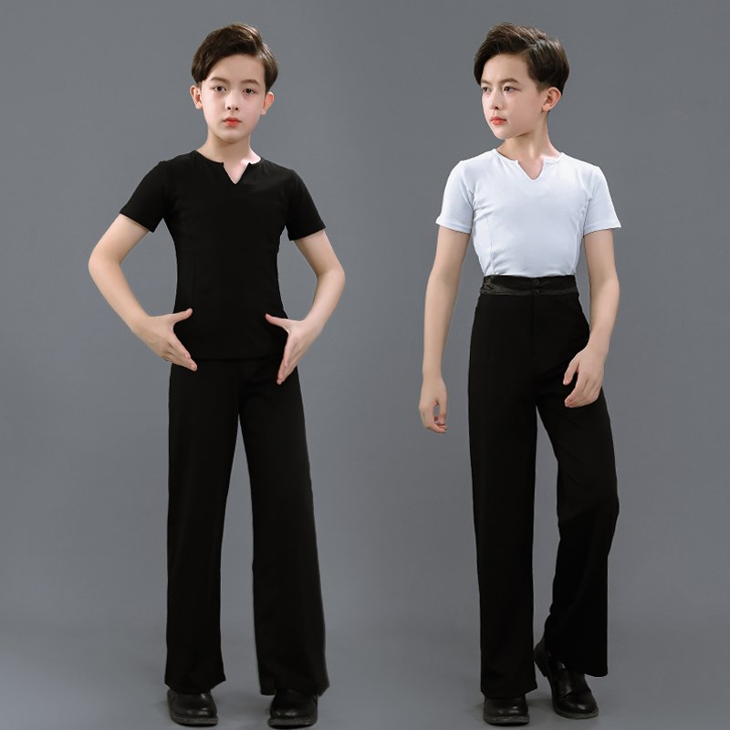 儿童舞蹈上d衣男童训练服练功服夏季中国舞拉丁舞服白色男孩形体