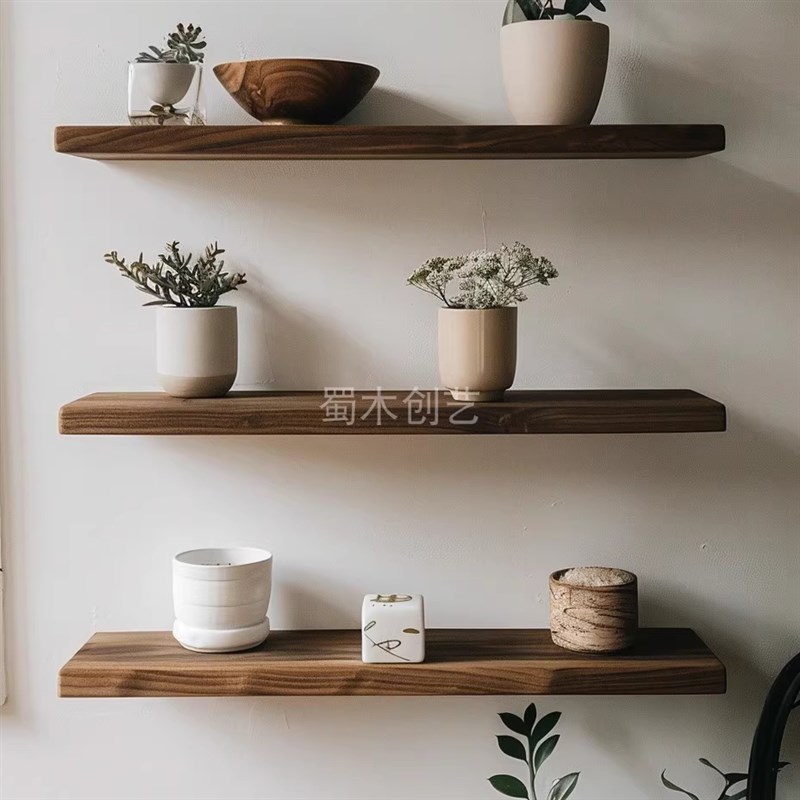 南美胡桃木桌面板实木挂墙吧台悬浮置物架一字壁挂新中式实木托架