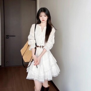 法式白色长袖收腰连衣裙女春季2025年新款小个子气质开春绝美短裙