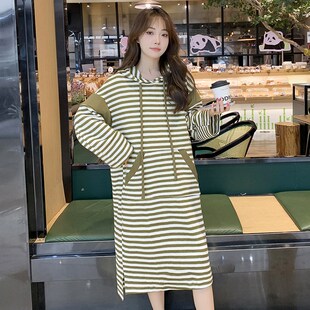 秋装 孕妇裙V秋冬装 时尚 针织连衣裙2024新款 怀孕裙 连帽长袖 孕妇装