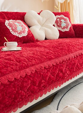 新款毛绒沙发垫冬季加厚四季防滑坐垫子喜庆红色万V能沙发套罩盖