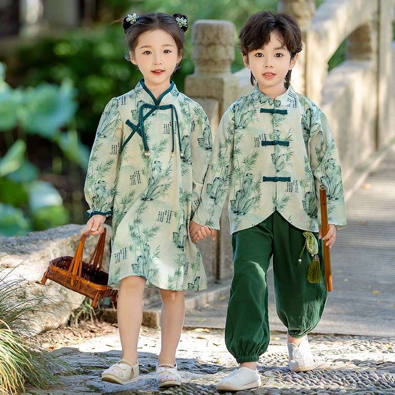 儿童汉服演出服2024新款夏季男童古装女童复古旗袍兄妹装春秋国风