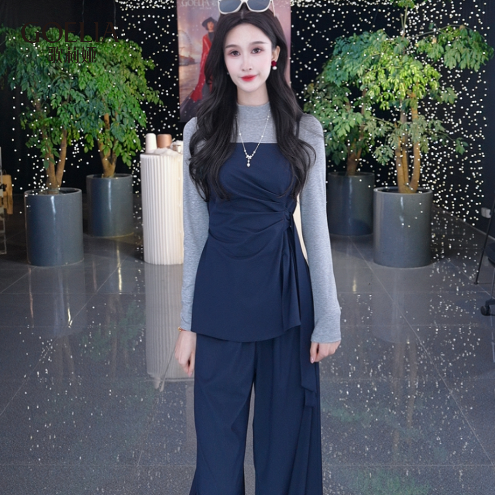 歌莉娅春季新品吊带绑带上衣+半高领针织打底衫+直筒裤1F2JAB940