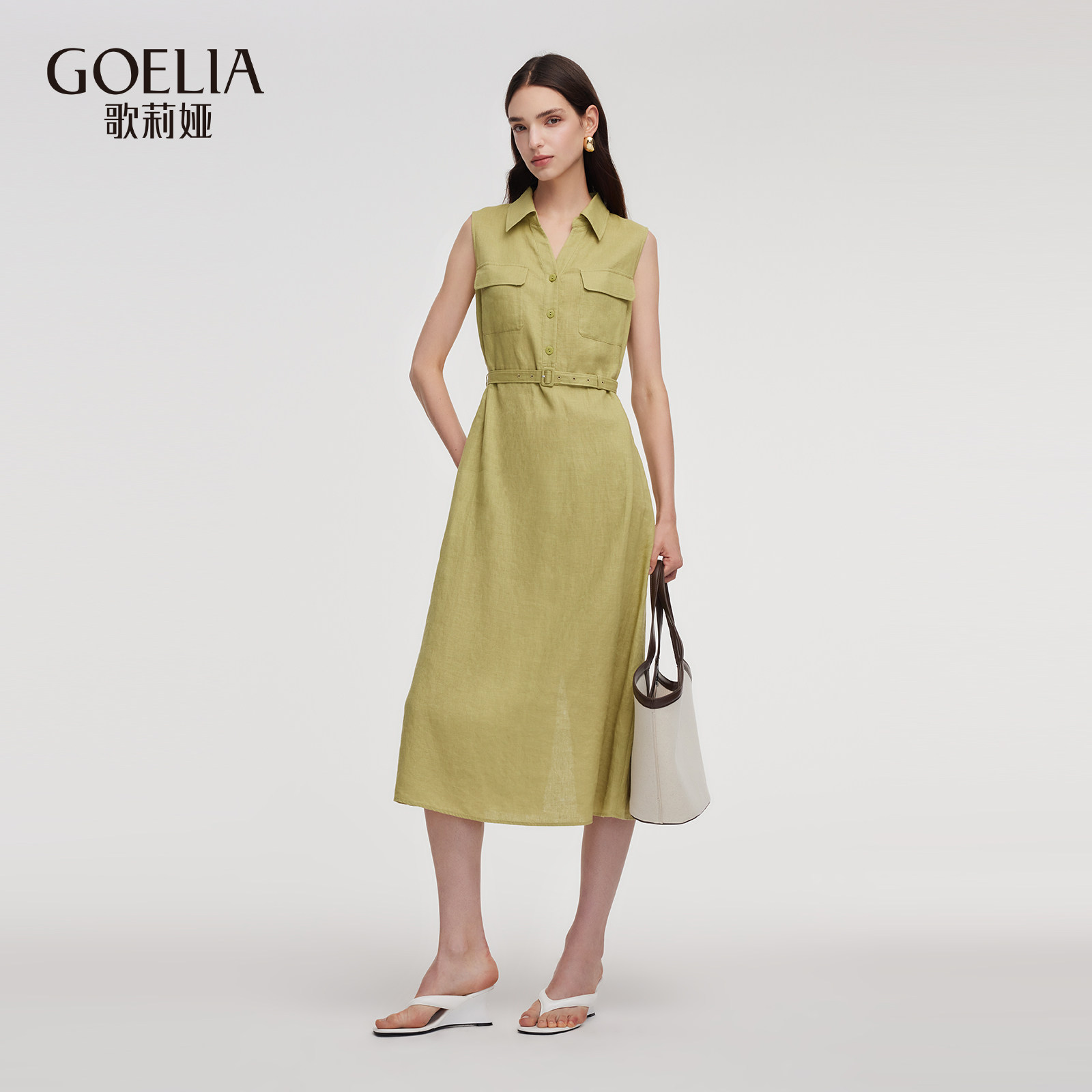 歌莉娅新品全亚麻无袖衬衫V领连衣裙1ESL4K180