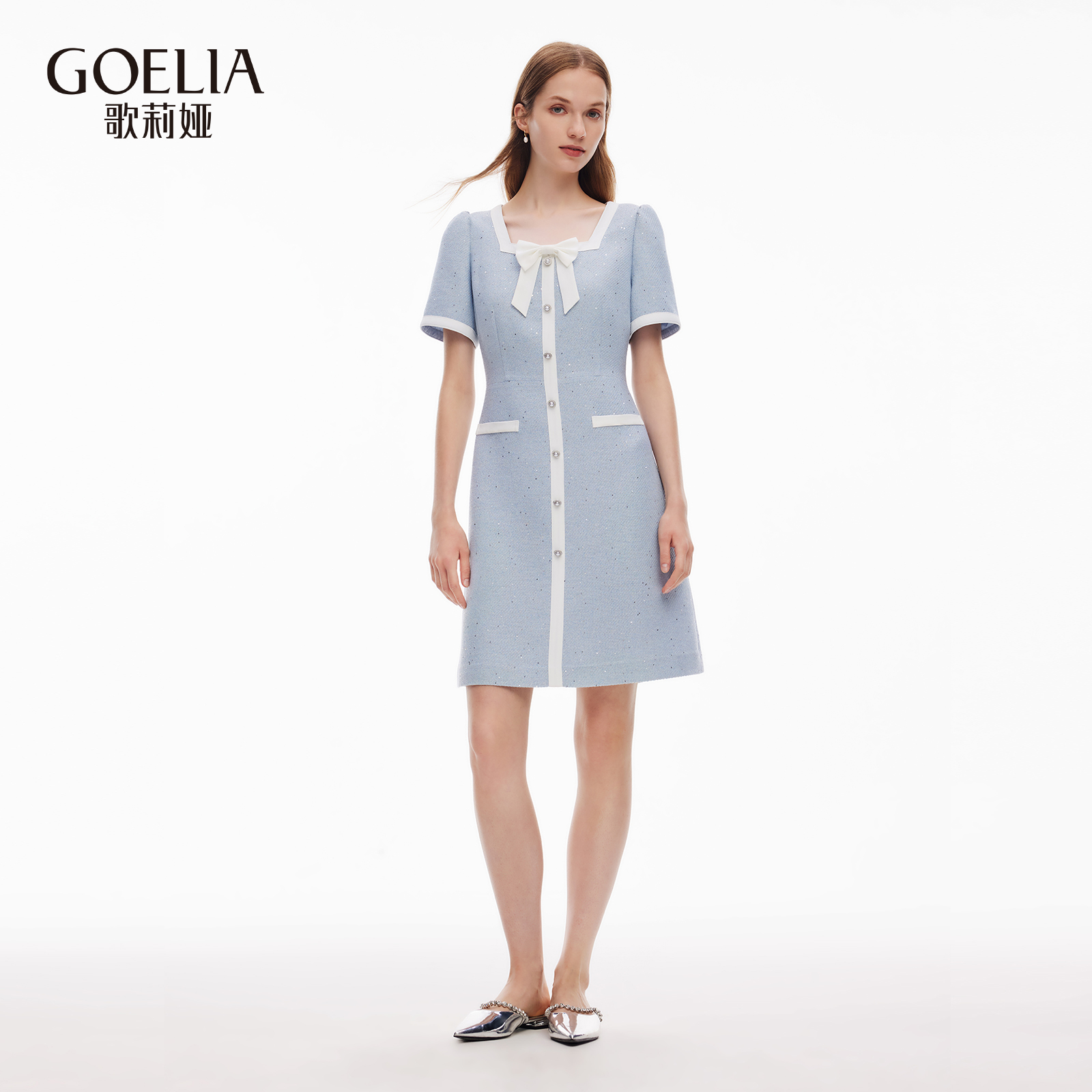 歌莉娅秋季新品醋酸小香风连衣裙(配可拆蝴蝶结)1E8L4K3H0