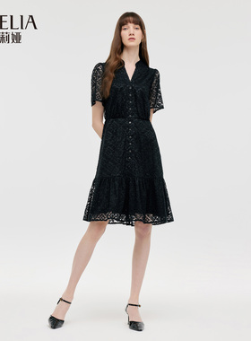 歌莉娅黑色连衣裙女夏2024新款好看蕾丝收腰v领小黑裙子1C6L4KAZ0