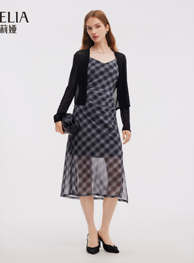 歌莉娅秋季新品外套+网布格纹印花吊带裙配头花1E8RAB0K0