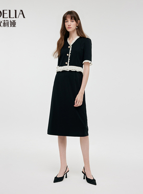 歌莉娅黑色连衣裙设计感2024夏季荷叶边拼接针织小黑裙1C4R4H5J0
