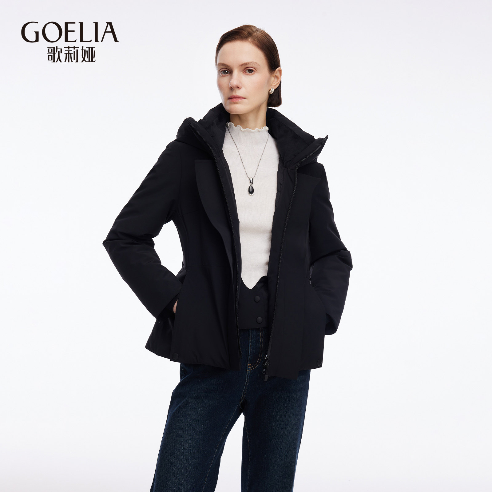 歌莉娅冬季新品极寒连帽收腰短羽绒（配腰带）1ECC8B630