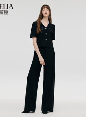 歌莉娅套装女夏季新款醋酸V领t恤上衣宽松直筒长裤1C4CAC800