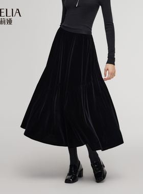 歌莉娅冬季新品丝绒伞摆长款半截裙1E3R2B23D