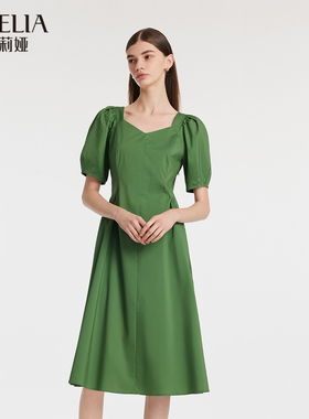 歌莉娅绿色连衣裙女2024夏季新款棉布泡泡袖收腰气质裙1C4C4K450
