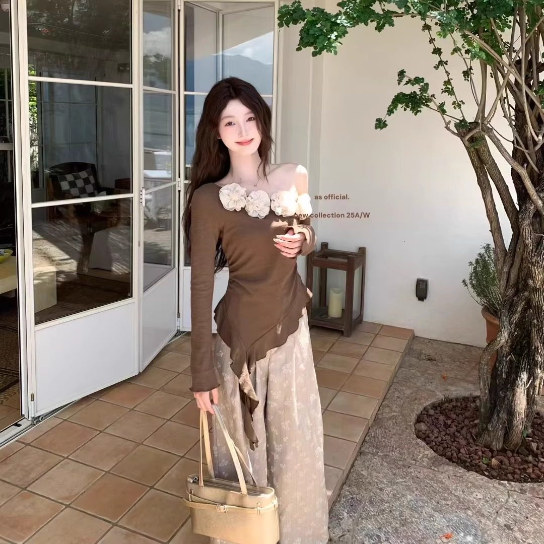 As早秋新款立体花朵一字肩长袖针织衫女飘带修身显瘦百搭上衣时尚